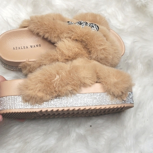 AZALEA WANG Sneaky Slippers faux fur snake rhinestone bling slides tan 7 - Picture 13 of 14